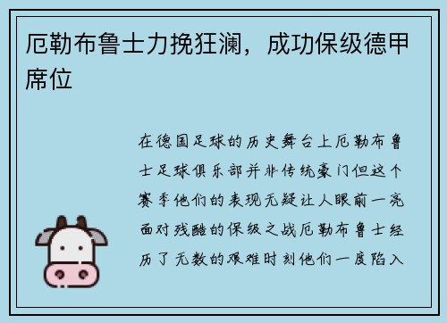 厄勒布鲁士力挽狂澜，成功保级德甲席位